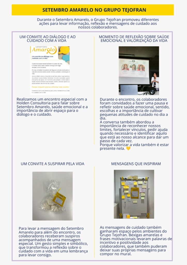 Material do Setembro Amarelo do Grupo Tejofran com orientações sobre escuta, acolhimento, busca por ajuda e contato do CVV 188