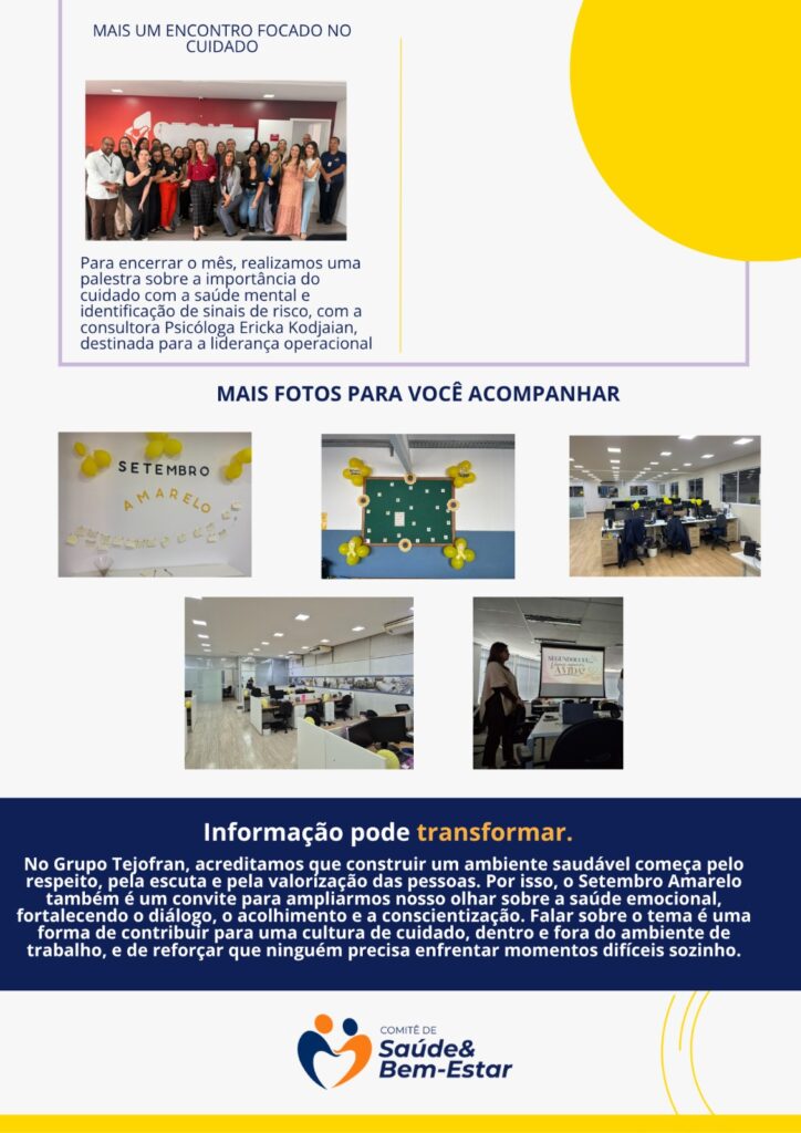 Colaboradores do Grupo Tejofran participam de atividades e palestras durante o Setembro Amarelo