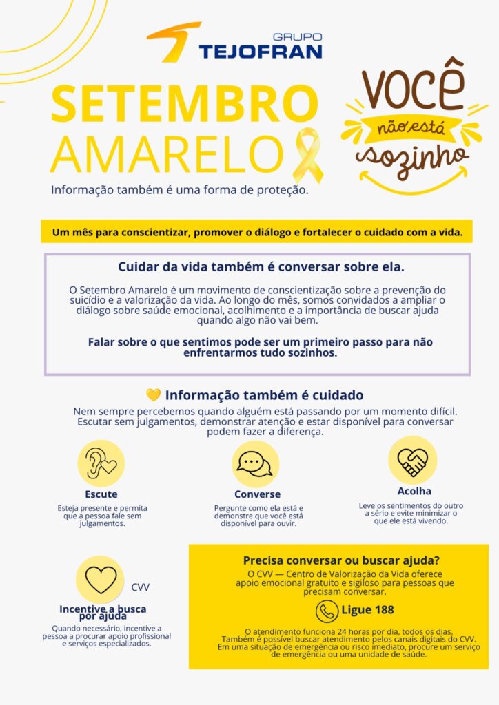 Ações do Setembro Amarelo no Grupo Tejofran com palestras, mensagens e atividades de conscientização para os colaboradores